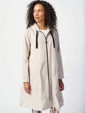Joseph Ribkoff Cream Hooded A-Line Trench with Black Drawcords